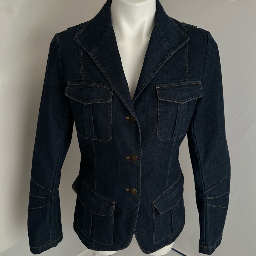 Lafayette 148 fitted dark blue stretch denim blazer jacket